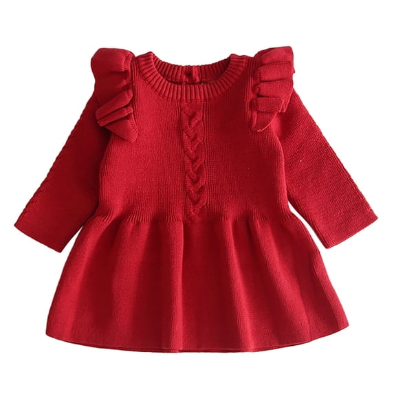 Ulitacool Girls Fall Winter Dress 6-12 Months Toddler Baby Kids Solid Color Sweater Dress Knit Crochet Clothes Crewneck Dress Warmth Daily Wear Red