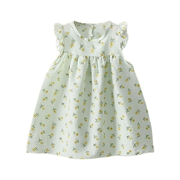 Ulitacool Girls Holiday Dresses O Neck Sleeveless Summer Floral Prints Style Dress And Beach Outings Sundress Casual Wear Green 1-2 Years