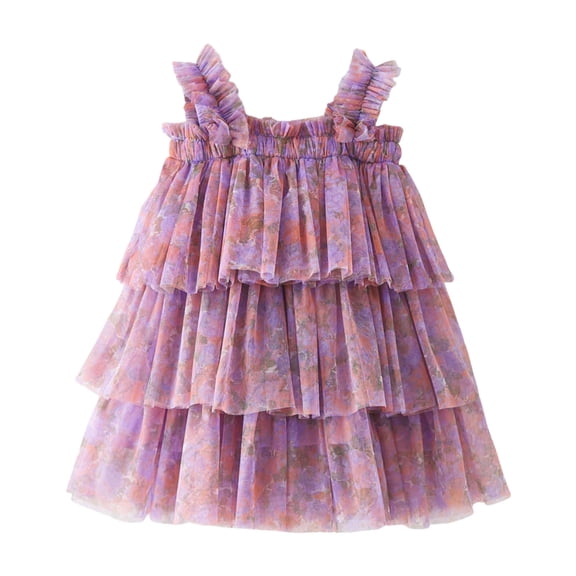 Ulitacool Girls Holiday Dresses Round Neck Sleeveless Floral Holiday Party Outfit Tiered Mesh Dress Dance Party Dresses Adorable Clothes Purple 3-4 Years