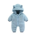 thumbnail image 1 of Ulitacool Girls Onesie Snowsuit Winter Coat Solid Color Warm Hooded Thick Romper Outfits Long Sleeve Crewneck Jumpsuit Relax Fit Daily Wear 6-9 Months Sky Blue, 1 of 2