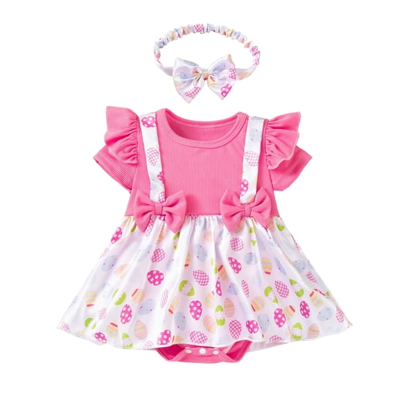 Ulitacool Girls Onesies Crewneck Easter Baby Outfit Ribbed Short Sleeve Bodysuit With Attached Dress Pink 12-18 Months
