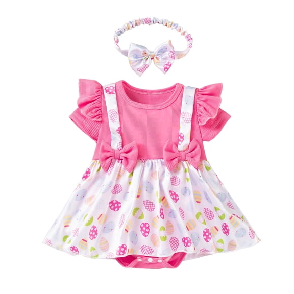 Ulitacool Girls Onesies Crewneck Easter Baby Outfit Ribbed Short Sleeve Bodysuit With Attached Dress Pink 12-18 Months