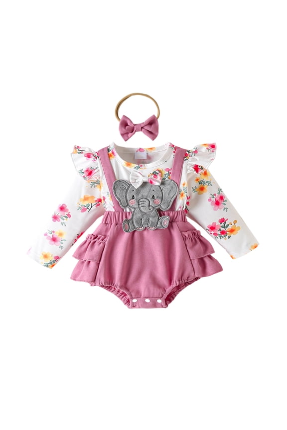 Girls Outfits Floral Print Baby Outfit Long Sleeve Bodysuit With Bandana And Faux Suspenders Comfy Clothes Pink 6-9 Months