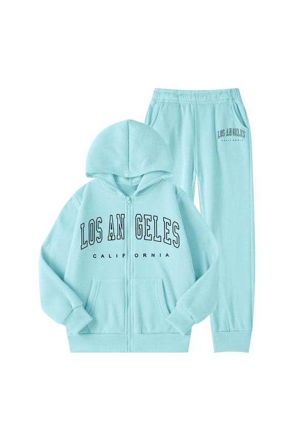 Girls Outfits Long Sleeve Tracksuit Winter Warm Letter Print Hoodie And Jogger Pants Outfit Cozy Two Piece Athletic Playwear Soft Clothes Light Blue 5-6 Years
