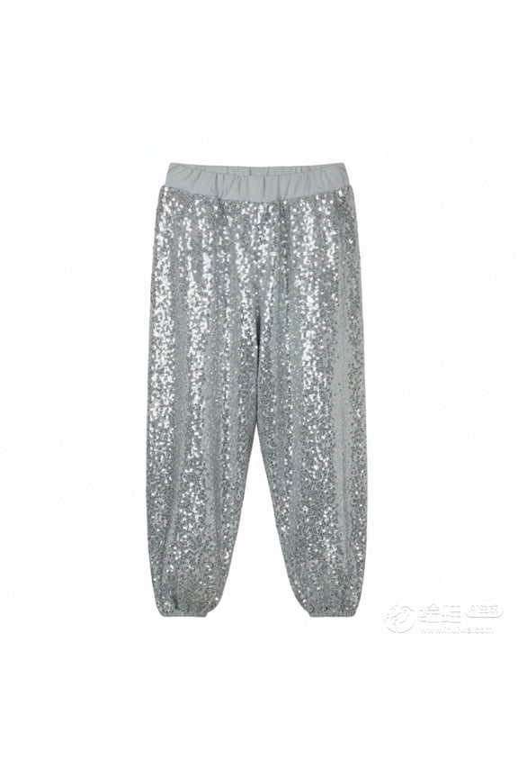 Girls Pants Casual Straight Leg Glitter Sequin Cargo Jogger Pants With Elastic Waistband For Dance Skateboard Hip Hop And Party Outfit Adorable Lightweight Wear Silver 15-16 Years