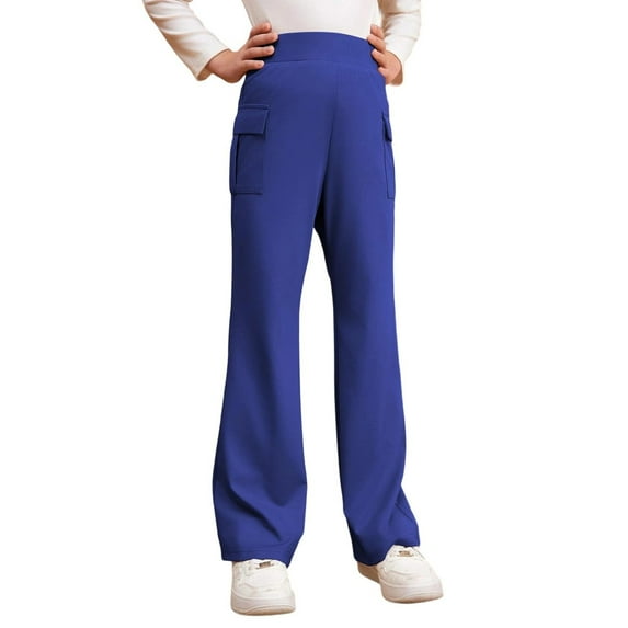 Ulitacool Girls Pants Casual Straight Leg Solid Color Drawstring Sweatpants High Waist Uniform Trousers Classic Lightweight Wear Blue 13-14 Years
