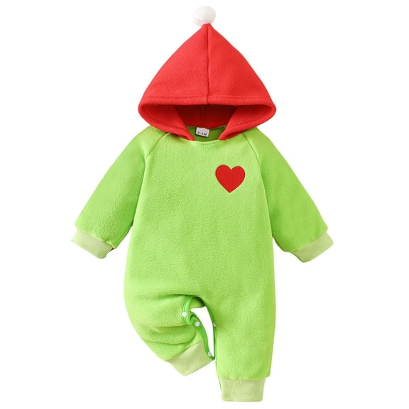 Ulitacool Girls Romper Crewneck Boys Girls Long Sleeve Onesies Heart Embroider Hooded Jumpsuit Bodysuits Comfortable Playsuit Green 12-18 Months