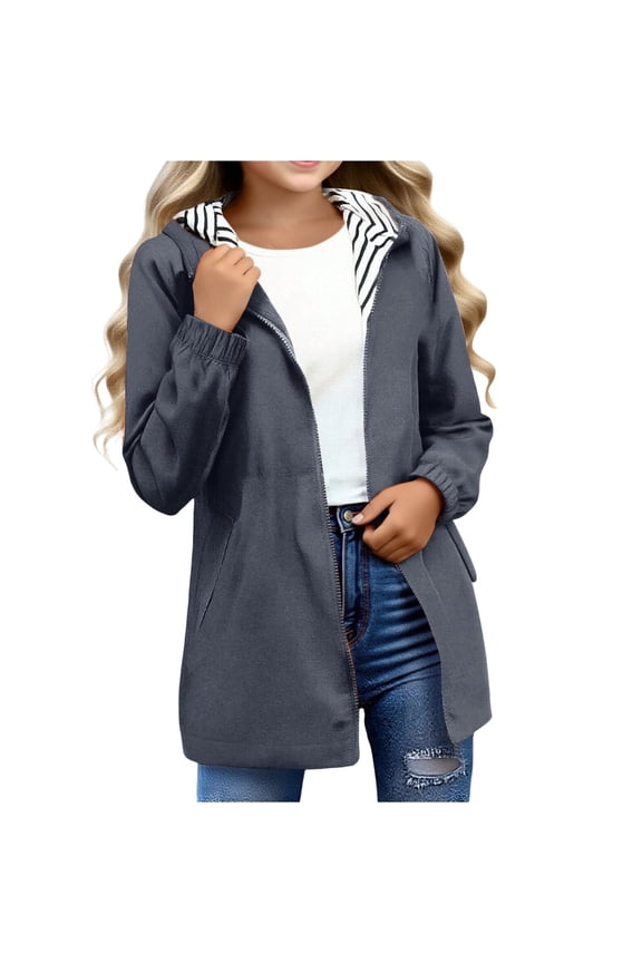 Girls Spring Coats Long Sleeve Lightweight Hooded Jacket With Pockets And Striped For Outdoor Activities Basic Wear Grey 11-12 Years