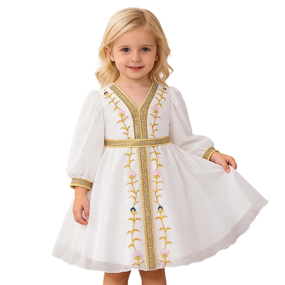 Ulitacool Girls Spring Dresses Long Sleeve Round Neck Formal Evening Gown Long Dress With Gold Embroidery For Party And Sundress Lovely Wear White 6-9 Months