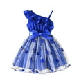 thumbnail image 1 of Ulitacool Girls Spring Dresses Round Neck Sleeveless Dress One Shoulder Formal Ruffle Trim Birthday Party Mesh Dresses With Belted Pockets Sundress Adorable Wear Blue 3-4 Years, 1 of 7