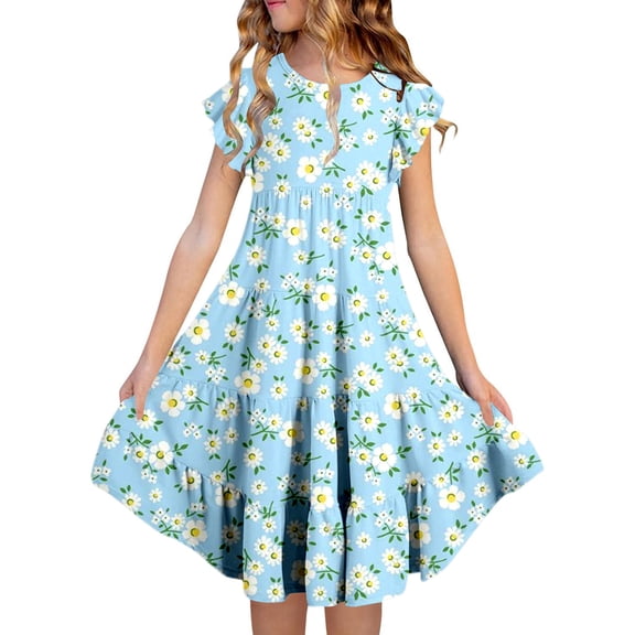 Ulitacool Girls Spring Dresses Sleeveless Round Neck Floral Dresses For Summer Beach Pool Outdoor Play Sundress Casual Wear Sky Blue 12-13 Years