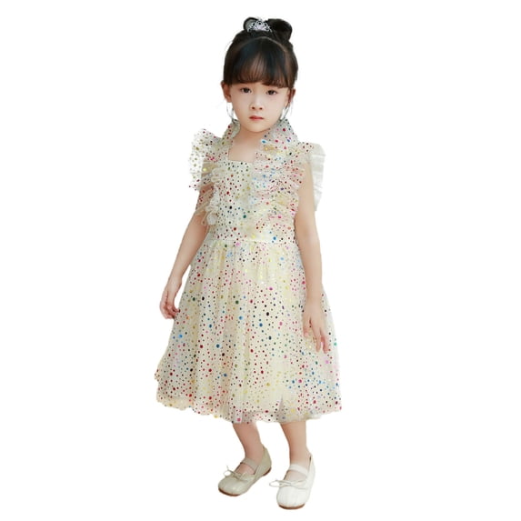 Ulitacool Girls Spring Dresses Sleeveless Round Neck Sequin Ruffles Dress Dance Party Dresses Cute Wear Beige 2-3 Years
