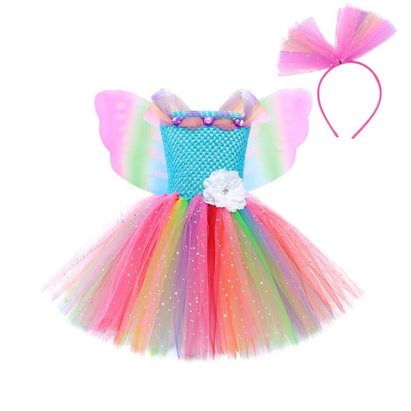 Ulitacool Girls Spring Dresses Sleeveless Sparkly Rainbow Tutu Dress With Sequins Mesh Outfit Party Gown Fancy O Neck Sundress Leisure Playsuit Pink 6-7 Years