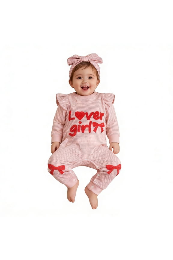 Girls Spring Onesie Crewneck Girls Valentine'S Day Romper Floral Heart Print Long Sleeve Jumpsuit With Bow Back For Toddler Baby Classic Clothes Light Pink 3-6 Months