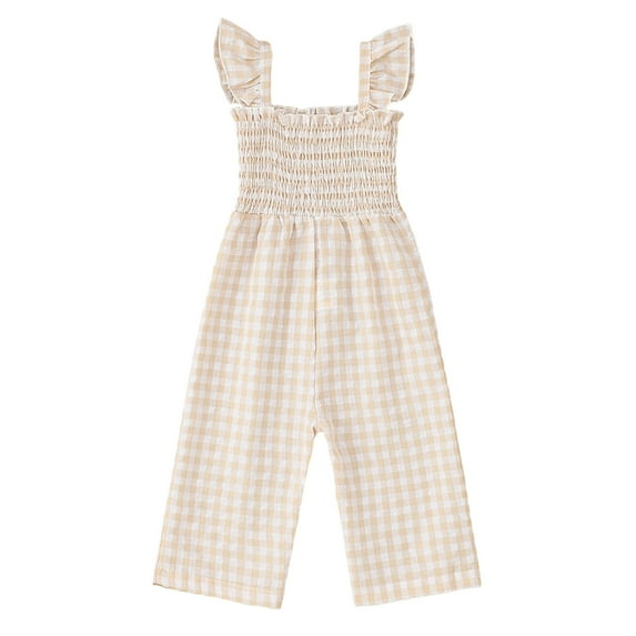 Ulitacool Girls Spring Onesie Crewneck Toddler Girls Sleeveless Lattice Prints Tops Bottoms Jumpsuit Basic Clothes Beige 6-12 Months