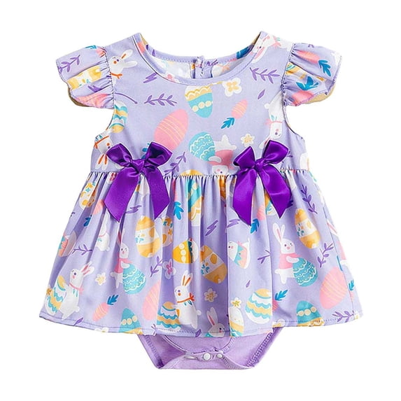 Ulitacool Girls Spring Onesies Crewneck Spring/Summer Easter Baby Romper Dress Full Print With Bowknots Fresh Style Flutter Sleeve Dress Trend Playsuit Purple 6-9 Months