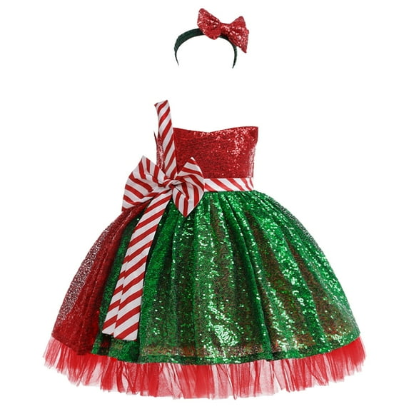 Ulitacool Girls Sun Dress Christmas Short Sleeve Bowknot Patchwork Color Sequin Evening Wedding With Headband For Clothes Fashion O Neck Dress Sweet Dress Green 7-8 Years