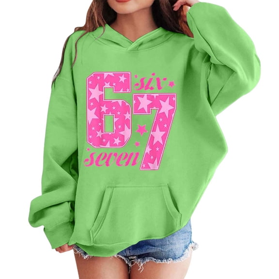 Ulitacool Girls Sweatshirt Long Sleeve Crewneck Cartoon Graphic Hooded Sweatshirt And Pocket Pullover For Kids Youth Shirt Blouse Basic Tops Green 7-8 Years