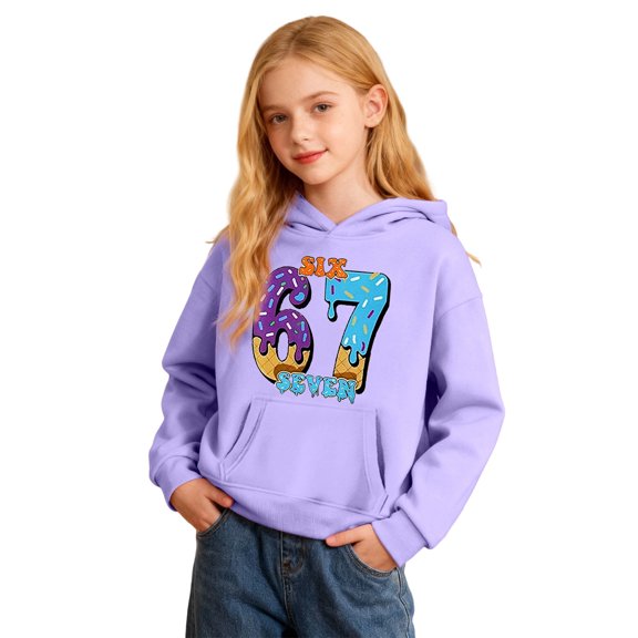Ulitacool Girls Sweatshirt Round Neck Ice Print Hooded Sweatshirt Pullover For Kids Youth Shirt Long Sleeve Blouse Basic Tops Light Purple 7-8 Years