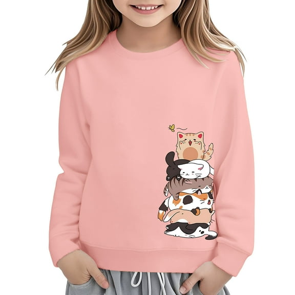 Ulitacool Girls Sweatshirts Crewneck Cartoon Print Sweatshirt Pullover Top Blend Fabric For And Play Long Sleeve Shirt Blouse Elegant Wear Pink 5-6 Years