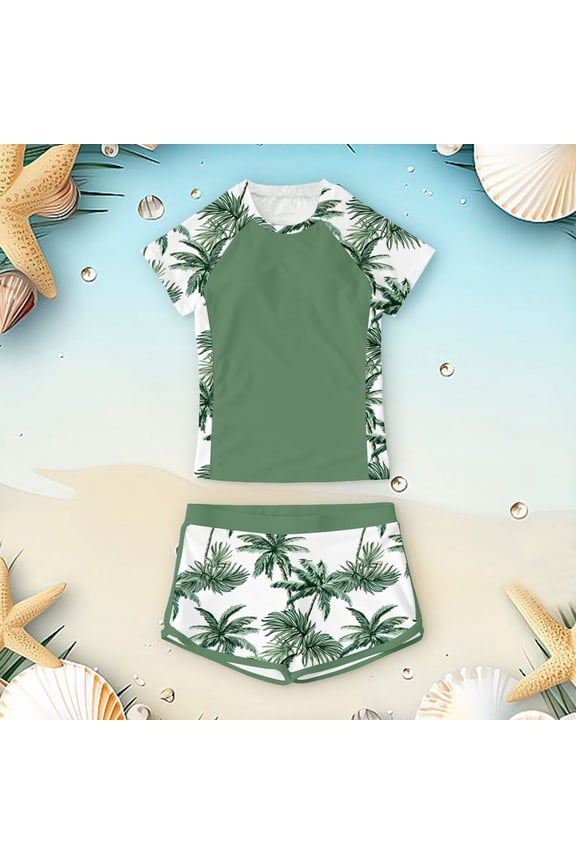 Girls Swimsuits Short Sleeve Two Piece Swimwear Set Summer Beach Pool Outfit Floral Print Round Neck Bikini Top With Shorts For Teen Girls Lovely Clothes 13-14 Years Army Green