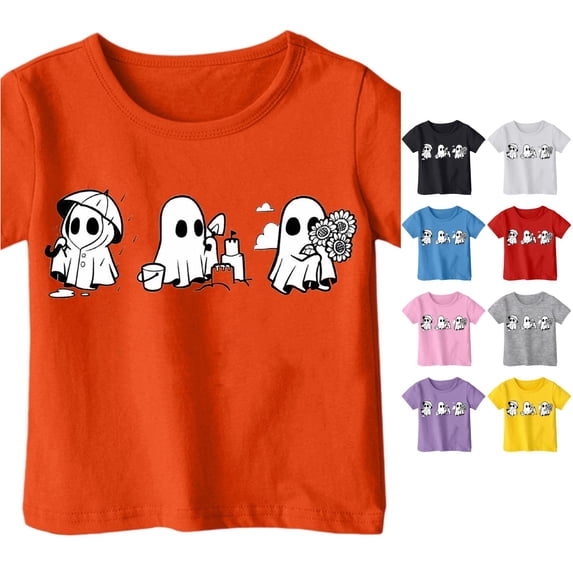 Ulitacool Girls Tops Halloween O Neck Short Sleeve Cartoon Graphic Hallowma Tee 10-11 Years Orange