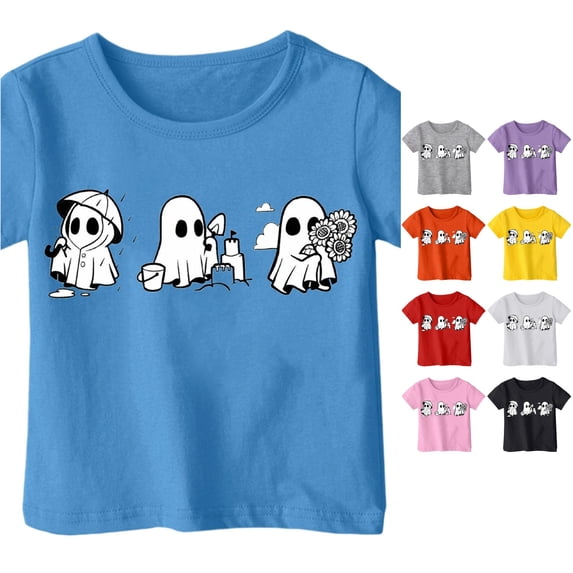 Ulitacool Girls Tops Halloween O Neck Short Sleeve Cartoon Graphic Hallowma Tee 3-4 Years Blue