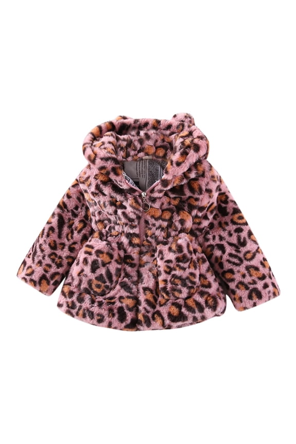 Girls Winter Coats Long Sleeve Winter Solid Color Graphic Windproof Coat Hooded Thicken Warm Leopard Print Outerwear Jacket Trend Playsuit Pink 4-5 Years