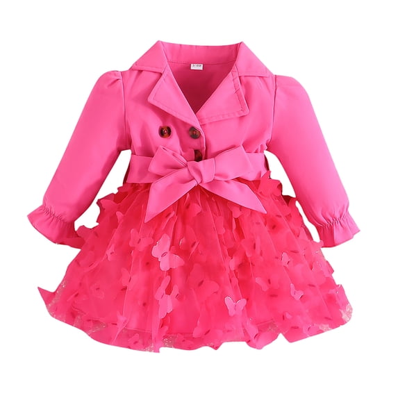 Ulitacool Girls Winter Dress Long Sleeve Solid Color Lapel Bowknot Button Dresses Tutu Dress Clothes Hot Pink Sweet Outfits