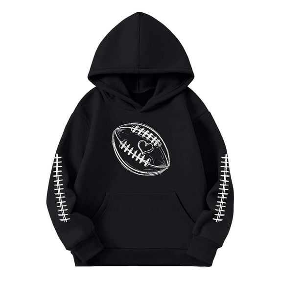 Ulitacool Girls Winter Sweatshirt Long Sleeve Kids Hooded Sweatshirt Girls Boys Pullover Football Print Warm Warmth Lined Hoodie Daily Outdoor Sports Autumn Crew Neck Tops Basic Wear Black 3-4 Years