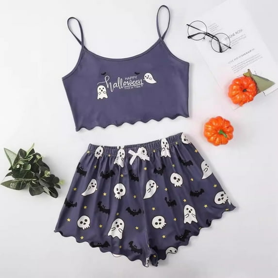 Ulitacool Halloween Pajamas Women Paw Prints Sleeveless Vest Shorts Set Nightwear Holiday Sleepwear Lightweight Homewear Relax Fit Camisole Set Light Purple M