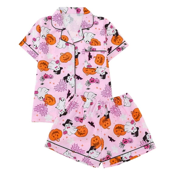 Ulitacool Halloween Pajamas Women Short Sleeve Lapel Sleepwear Sleepwear Stylish Round Neck Tops Shorts Lapel Button Down Shirts Pants 2 Pieces Pjs Set Comfortable Nightwear Pink S