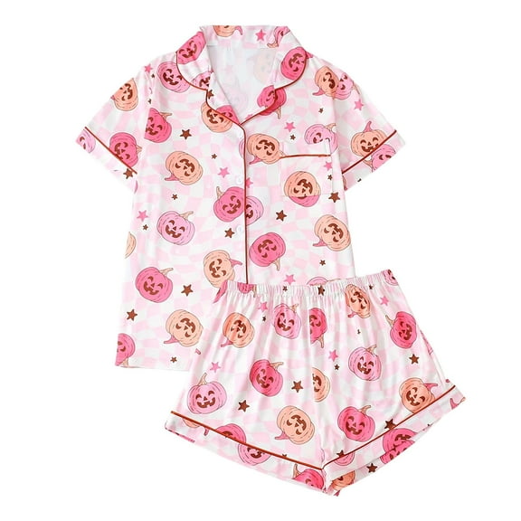 Ulitacool Halloween Pajamas Women Short Sleeve Pjs Set Notch Collor Nightwear Cartoon Prints Jammies Cartoon Prints Tops Shorts Fall Sleepwear Lightweight Homewear Pink M