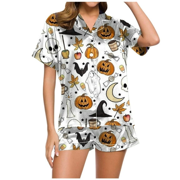 Ulitacool Halloween Pajamas Women Short Sleeve Pjs And Shorts Set Button Down Pumpkin Ghost Print Sleepwear Festival Comfortable Jammies Nightwear White M