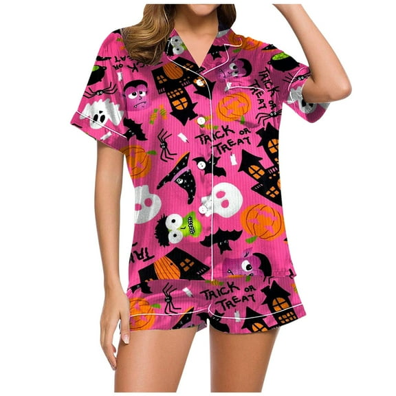 Ulitacool Halloween Pajamas Women Short Sleeve Pjs And Shorts Set Button Down Pumpkin Ghost Print Sleepwear Halloween Casual Jammies Nightwear Hot Pink M