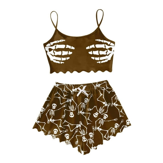 Ulitacool Halloween Pajamas Women Sleeveless Paw Prints Pj Sets Crewneck Top Shorts 2 Pieces Sleepwear Cami Jammies Comfortable Nightwear Gold Xl