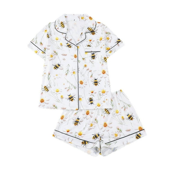 Ulitacool Halloween Pajamas Women Women'S Sleepwear Set Short Sleeve Button Down Shirt Shorts Pajamas Comfy Nightwear Outfit With Punpkin Print For Night Relaxation Durable Daily Wear White L