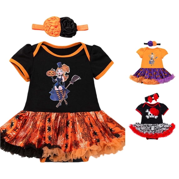 Ulitacool Infant Girl'S Halloween Dress Short Sleeve Sundress Round Neck Pumpkin Graphic Hallowmas Costume Soft Playsuit 6-12 Months Yellow2