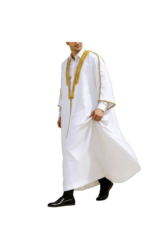 Men'S Shirts Long Sleeve Tops Elegant Jubba Thobe With Embroidery Mal Long Robe Graduation And Button Down Clouse Basic Clothing Xl White