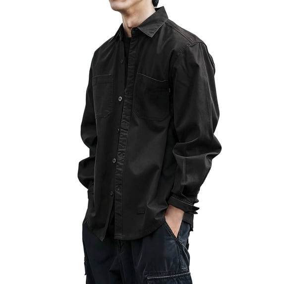 Ulitacool Men'S Shirts Long Sleeve Tops Heavy Duty Work Shirt Solid Color Button Down Utility Twill Business Wear Pocketed Attire Button Down Clouse Basic Clothes 2Xl Black