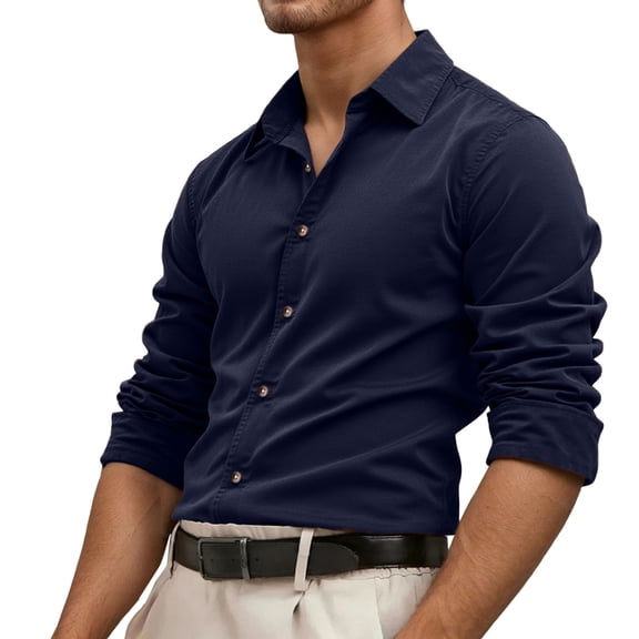 Ulitacool Men Shirts Long Sleeve Tops Corduroy Button Down Shirt Classic Solid Color Top Business Wear Gentleman Attire Button Down Clouse Comfortable Clothes Xl Navy