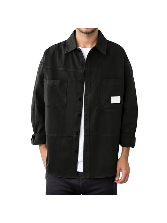 Men Shirts Long Sleeve Tops Heavy Duty Work Shirt Solid Color Loose Fit Shacket Open Front Jacket Top Outdoor Daily Wear Button Down Clouse Trend Clothing L Black