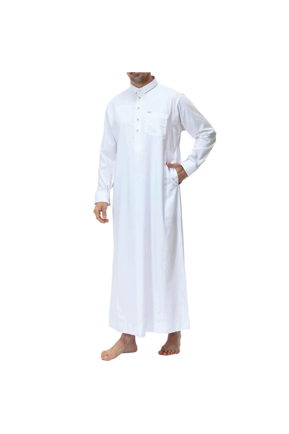Men Shirts Thobe Long Sleeve Mal Shirt With Lapel Collar Solid Color Button Down Clouse Classic Wear M White