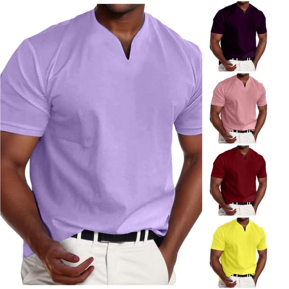 Ulitacool Men T Shirt Muscle V Neck Shirts Slim Fit Shirt Short Sleeve Tee Durable Clothing Purple