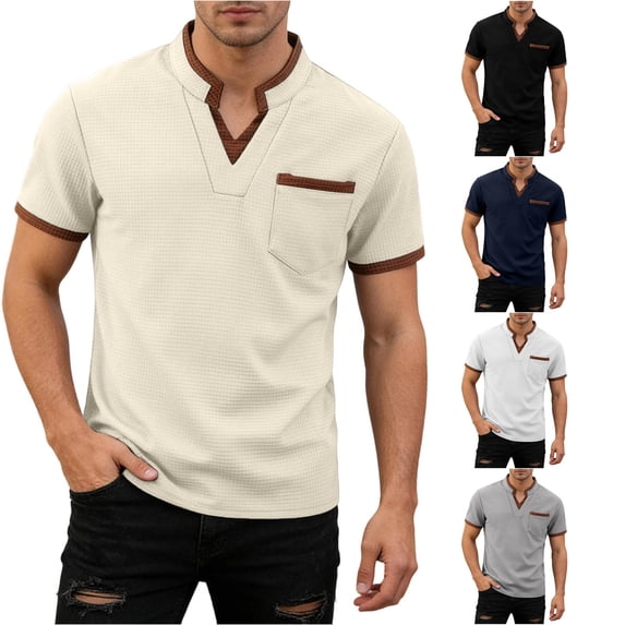 Ulitacool Men T Shirt Plaid Pattern Shirt With Pocket Short Sleeve Tops Charm Clothes Khaki