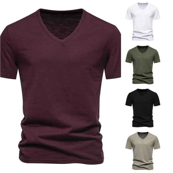 Ulitacool Men T Shirt Summer Solid Color V Neck Short Sleeved T Shirt Soft Wear Red