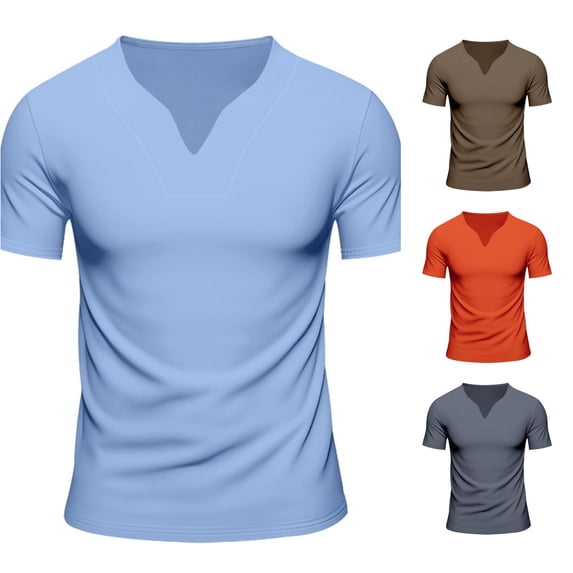 Ulitacool Men T Shirts Short Sleeve Shirt V Neck Basic Solid Color Tshirt Trend Clothing Light Blue
