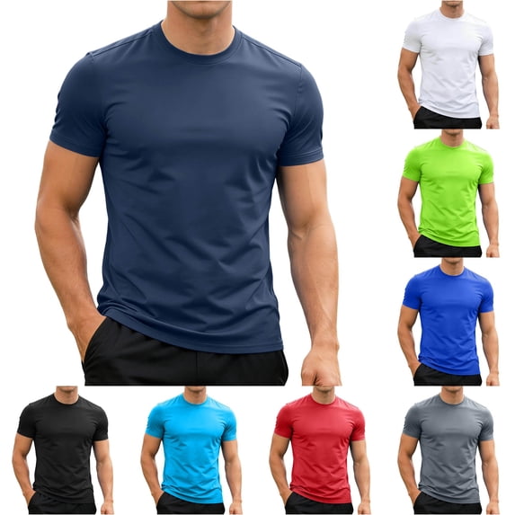 Ulitacool Men T Shirts Short Sleeve T Shirt Stretch Crew Neck Fashion Tee Athletic Fit Summer Top Classic Wear Navy