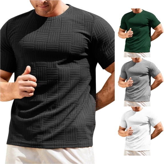 Ulitacool Men T Shirts Slim Fit Round Neck Short Sleeved Towel Cloth T Shirt Style Bottom Shirt Relax Fit Clothes Black