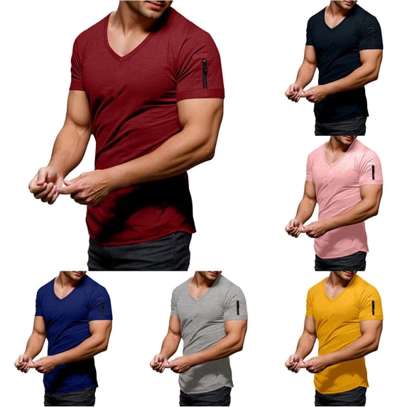 Ulitacool Men T Shirts V Neck Short Sleeve With Zipper Spring And Summer Solid Color Versatile Style Everyday Shirts Relax Fit Clothes Wine